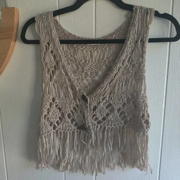 Crochet Vest by Blu Pepper. 4" fringe , cream color, 2 buttons, lightweight. S - Picture 1 of 5